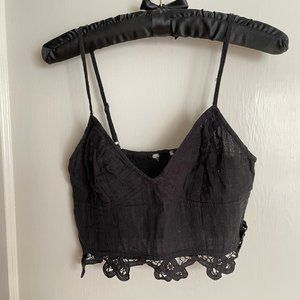 Free People FP One Cotton Bralette Crop Top with Lace Accent — Black